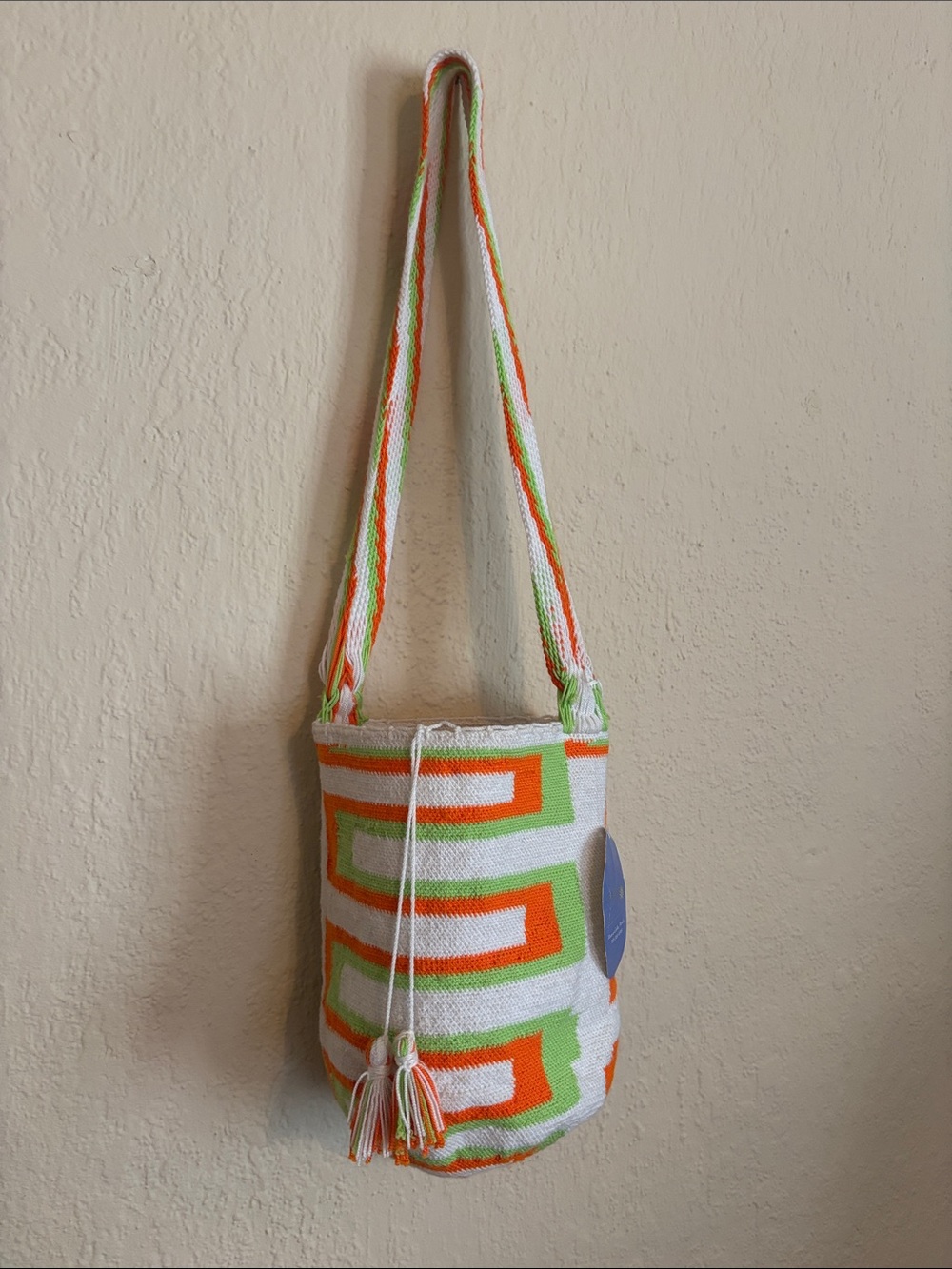 White Crossbody Bucket Bag with Orange & Lime Geometric Pattern